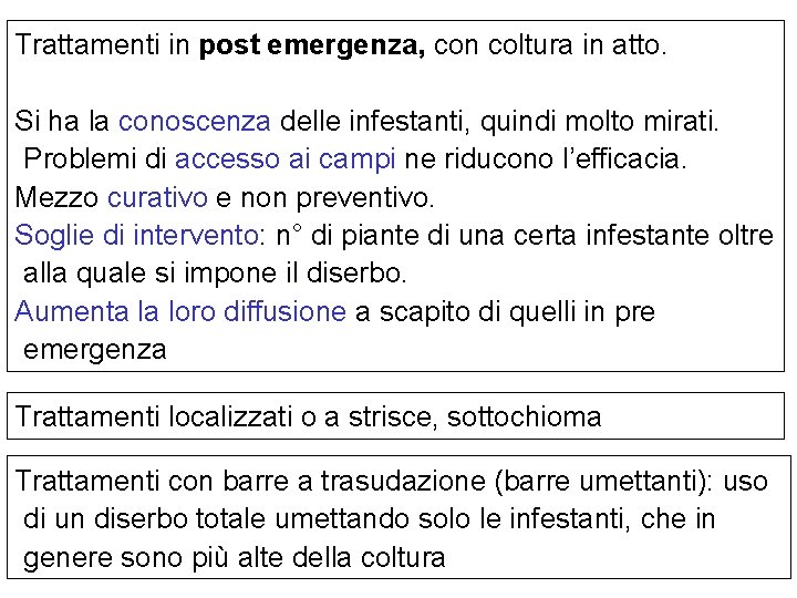 Trattamenti in post emergenza, con coltura in atto. Si ha la conoscenza delle infestanti,