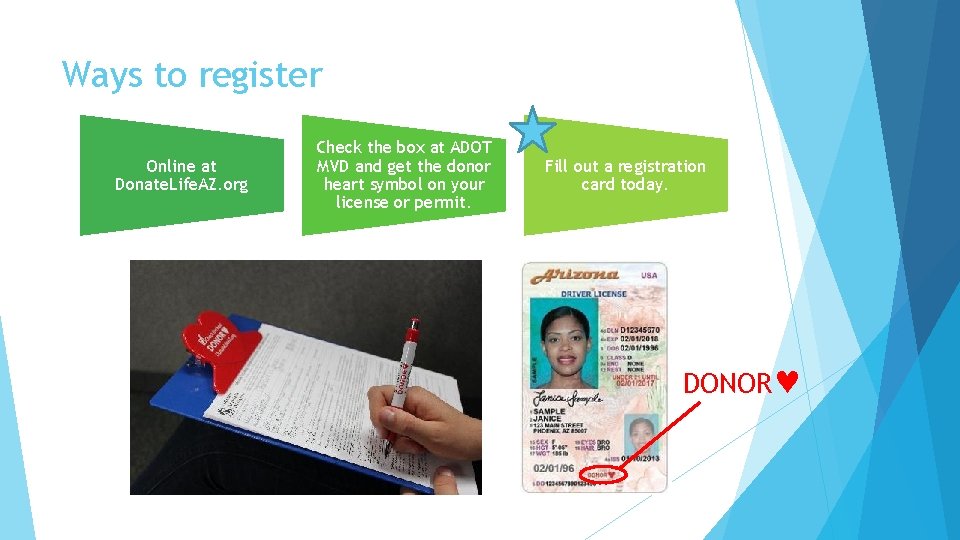 Ways to register Online at Donate. Life. AZ. org Check the box at ADOT