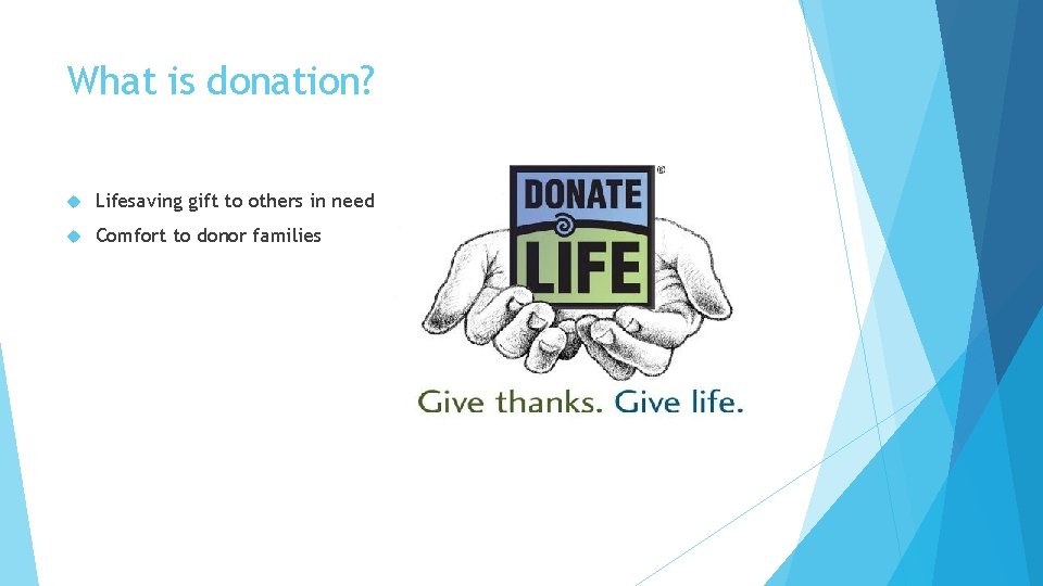 What is donation? Lifesaving gift to others in need Comfort to donor families 