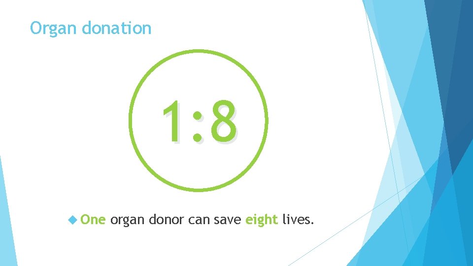 Organ donation 1: 8 One organ donor can save eight lives. 