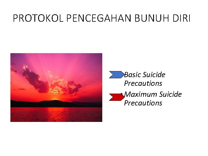 PROTOKOL PENCEGAHAN BUNUH DIRI • Basic Suicide Precautions • Maximum Suicide Precautions 