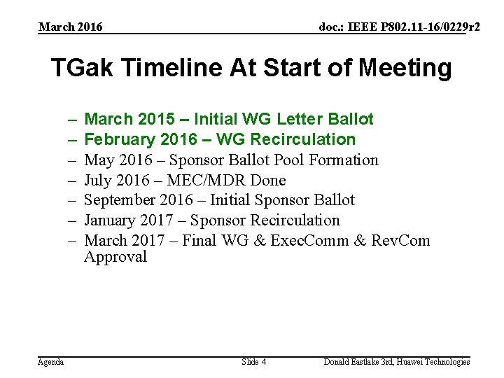 March 2016 doc. : IEEE P 802. 11 -16/0229 r 2 TGak Timeline At
