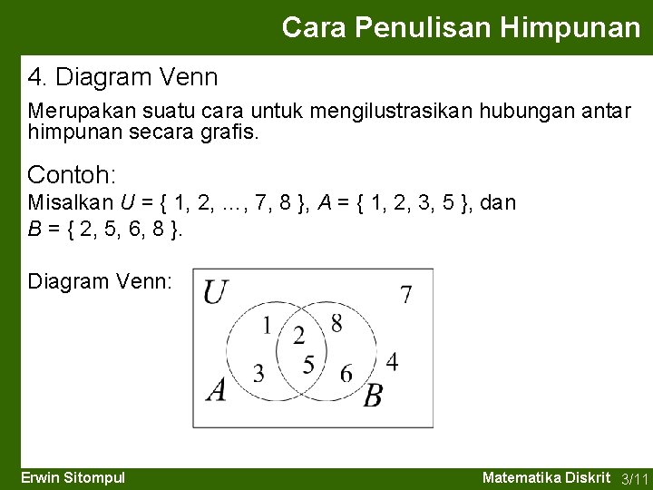 Cara Penulisan Himpunan 4. Diagram Venn Merupakan suatu cara untuk mengilustrasikan hubungan antar himpunan