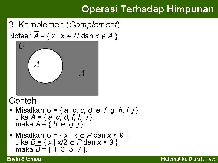 Operasi Terhadap Himpunan 3. Komplemen (Complement) Notasi: A = { x | x U