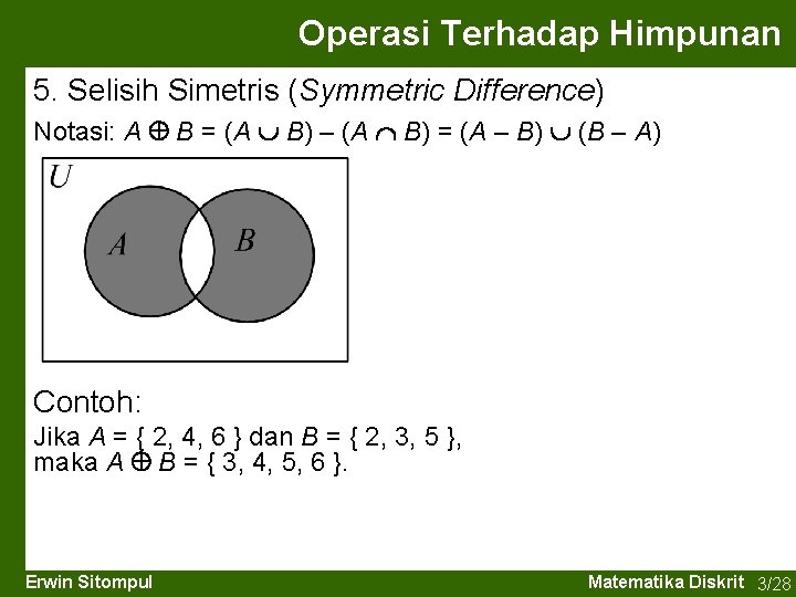 Operasi Terhadap Himpunan 5. Selisih Simetris (Symmetric Difference) Notasi: A B = (A B)