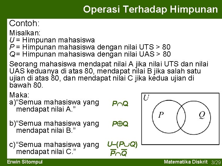 Operasi Terhadap Himpunan Contoh: Misalkan: U = Himpunan mahasiswa P = Himpunan mahasiswa dengan