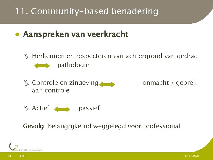 11. Community-based benadering Aanspreken van veerkracht Herkennen en respecteren van achtergrond van gedrag pathologie