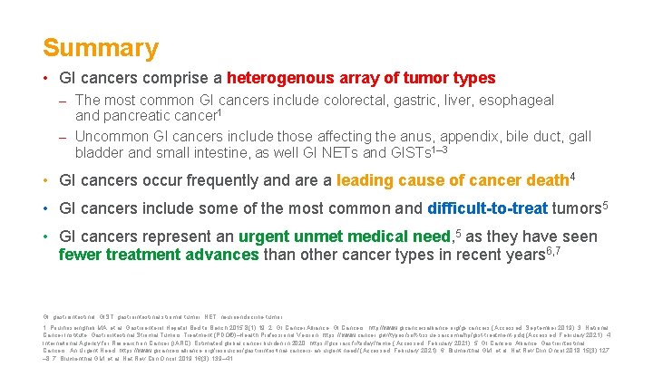 Summary • GI cancers comprise a heterogenous array of tumor types – The most