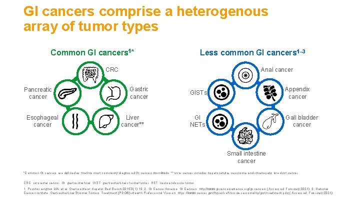 GI cancers comprise a heterogenous array of tumor types Common GI cancers 1* Less