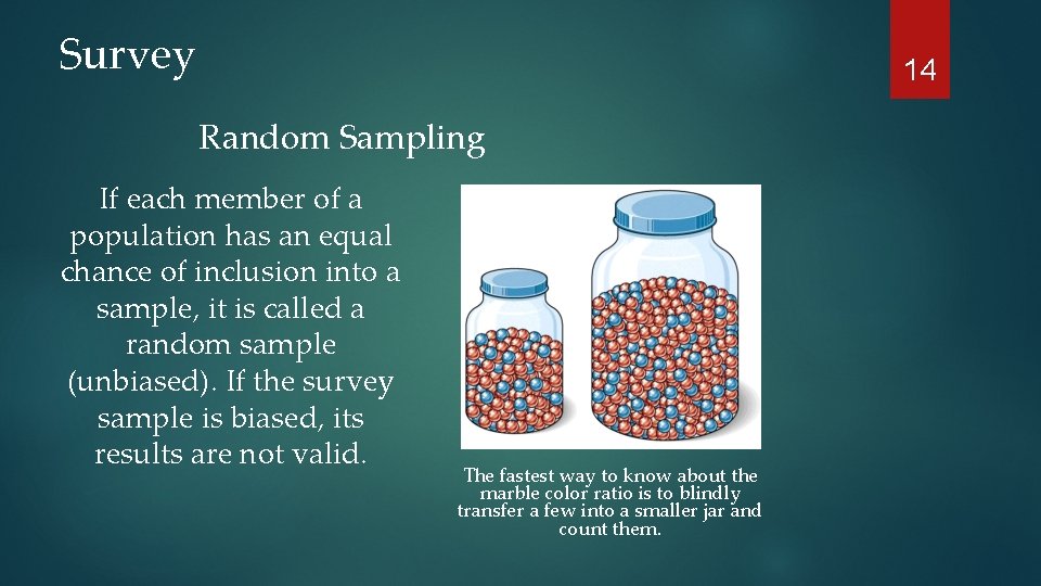 Survey 14 Random Sampling If each member of a population has an equal chance