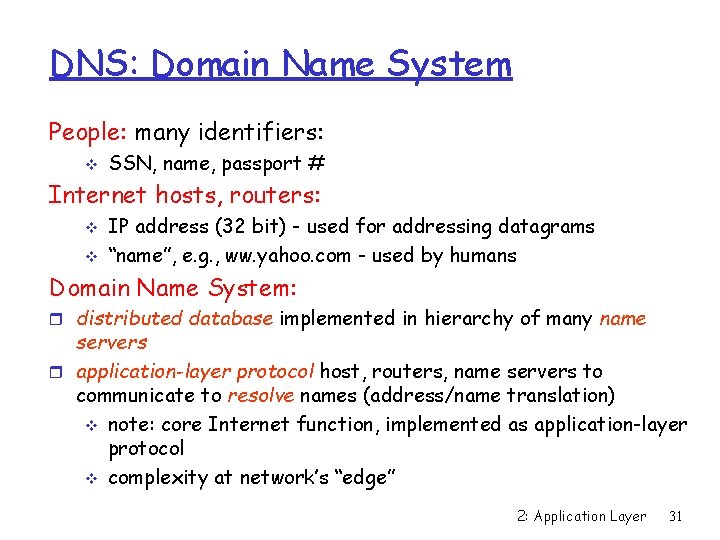 DNS: Domain Name System People: many identifiers: v SSN, name, passport # Internet hosts,