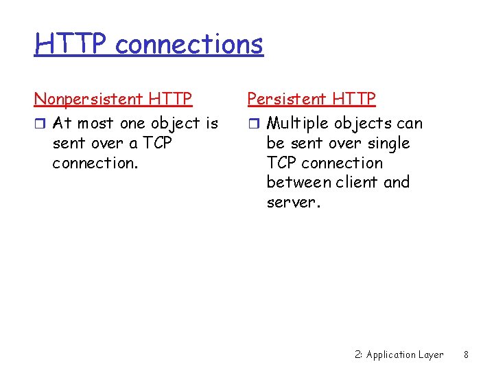 HTTP connections Nonpersistent HTTP r At most one object is sent over a TCP