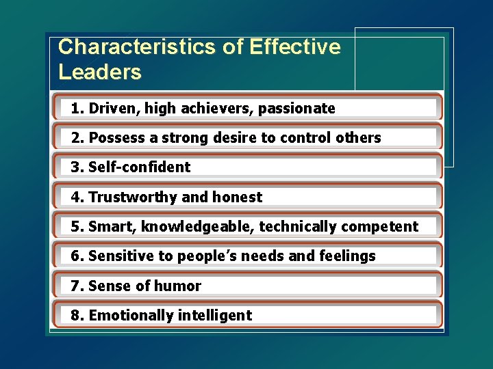 Characteristics of Effective Leaders 1. Driven, high achievers, passionate 2. Possess a strong desire