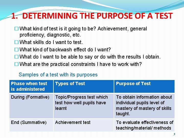 1. DETERMINING THE PURPOSE OF A TEST � What kind of test is it