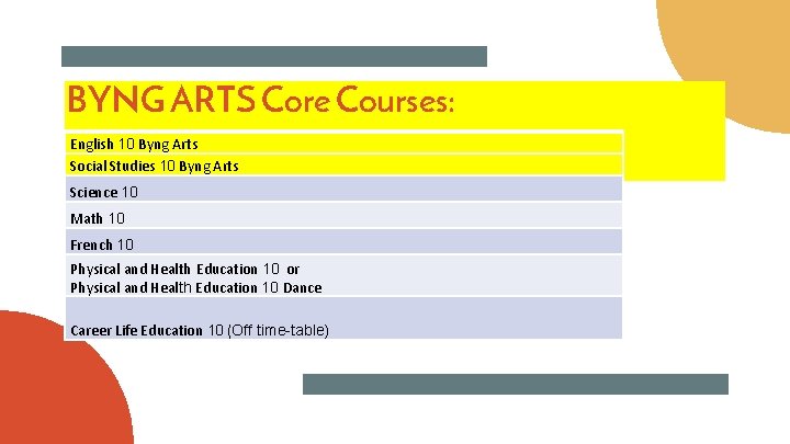 BYNG ARTS Core Courses: English 10 Byng Arts Social Studies 10 Byng Arts Science