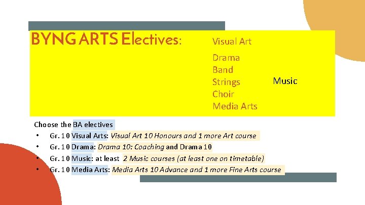 BYNG ARTS Electives: Visual Art Drama Band Strings Choir Media Arts Music Choose the