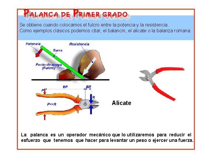 Se obtiene cuando colocamos el fulcro entre la potencia y la resistencia. Como ejemplos