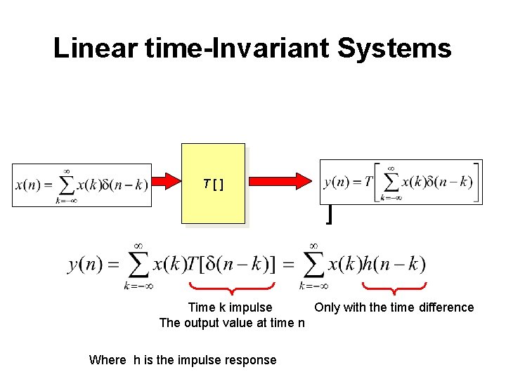 Linear time-Invariant Systems x(n) T[] y(n)=T[x(n) ] Only with the time difference Time k