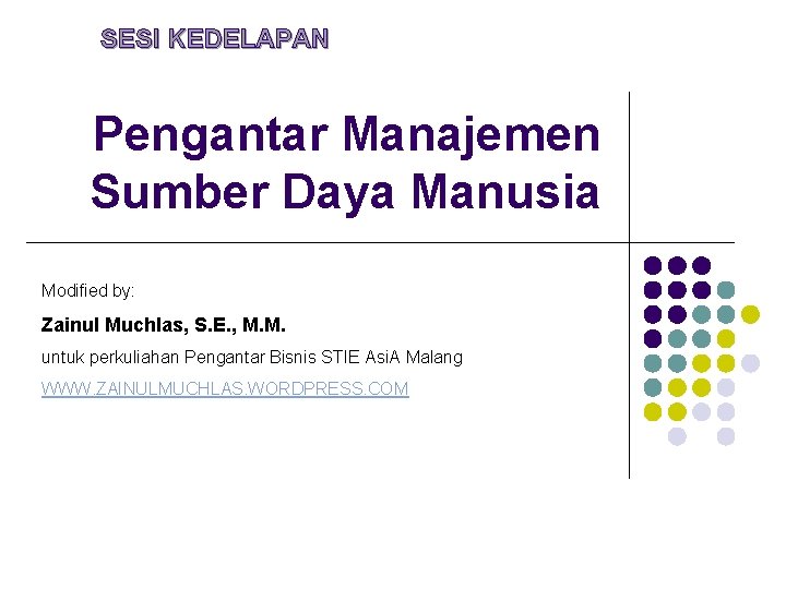SESI KEDELAPAN Pengantar Manajemen Sumber Daya Manusia Modified by: Zainul Muchlas, S. E. ,