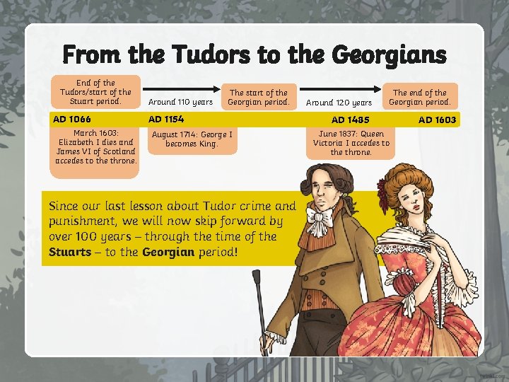 From the Tudors to the Georgians End of the Tudors/start of the Stuart period.