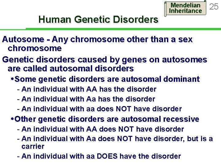 Human Genetic Disorders Mendelian Inheritance 25 Autosome - Any chromosome other than a sex