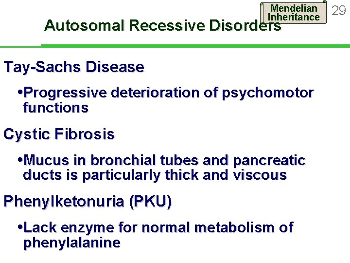 Mendelian Inheritance Autosomal Recessive Disorders Tay-Sachs Disease Progressive deterioration of psychomotor functions Cystic Fibrosis