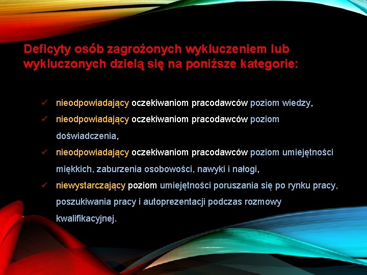 Deficyty osób zagrożonych wykluczeniem lub wykluczonych dzielą się na poniższe kategorie: ü nieodpowiadający oczekiwaniom