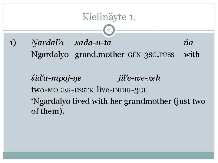 Kielinäyte 1. 21 1) Ŋardal’o xada-n-ta Ngardalyo grand. mother-GEN-3 SG. POSS ńa with śid’a-mpoj-ŋe