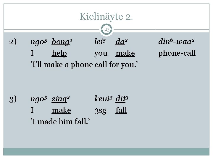 Kielinäyte 2. 23 2) ngo 5 bong 1 lei 5 da 2 I help