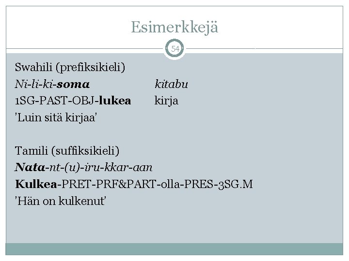 Esimerkkejä 54 Swahili (prefiksikieli) Ni-li-ki-soma 1 SG-PAST-OBJ-lukea ’Luin sitä kirjaa’ kitabu kirja Tamili (suffiksikieli)