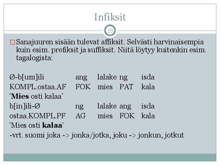 Infiksit 55 � Sanajuuren sisään tulevat affiksit. Selvästi harvinaisempia kuin esim. prefiksit ja suffiksit.