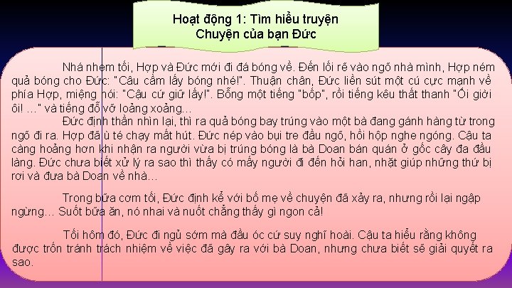 Hoạt động 1: Tìm hiểu truyện Chuyện của bạn Đức Nhá nhem tối, Hợp