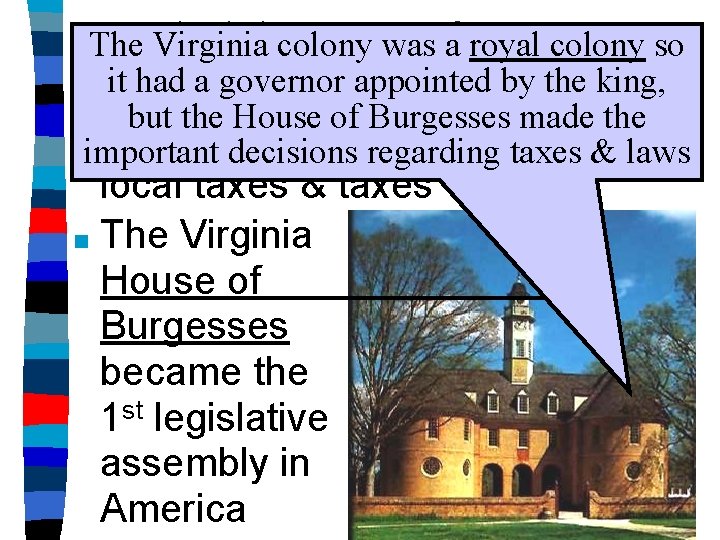 House Burgesses The. Virginia colony wasofa royal colony so it had a governor appointed