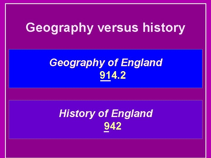 Geography versus history Geography of England 914. 2 History of England 942 
