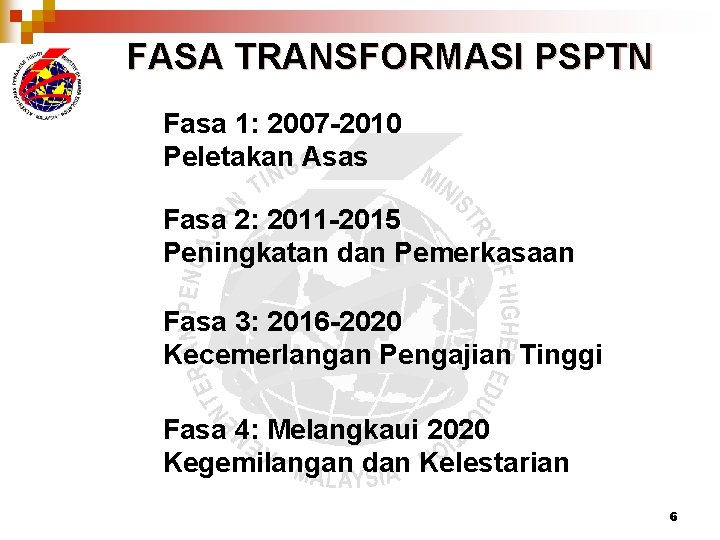 FASA TRANSFORMASI PSPTN Fasa 1: 2007 -2010 Peletakan Asas Fasa 2: 2011 -2015 Peningkatan