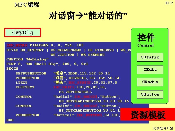 08: 35 MFC编程 对话窗 “能对话的” CMy. Dlg 控件 IDD_MYDLG DIALOGEX 0, 0, 224, 183