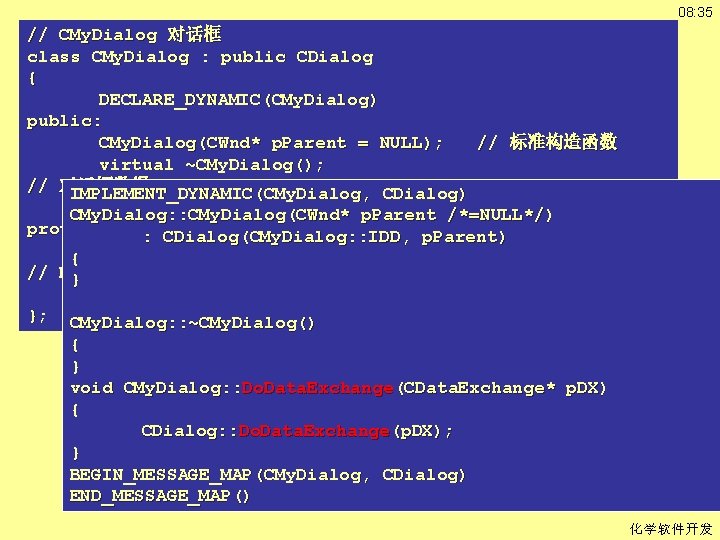 08: 35 // CMy. Dialog 对话框 class CMy. Dialog : public CDialog { DECLARE_DYNAMIC(CMy.