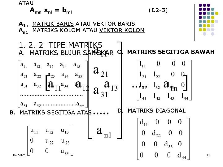 ATAU Amn xnl = bml (I. 2 -3) A 1 n MATRIK BARIS ATAU