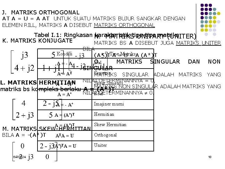 J. MATRIKS ORTHOGONAL AT A = U = A AT UNTUK SUATU MATRIKS BUJUR