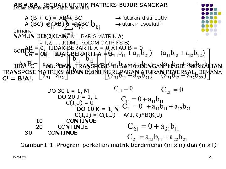 AB bentuk BA, KECUALI Dalam umum dapat UNTUK dituliskan MATRIKS BUJUR SANGKAR A (B