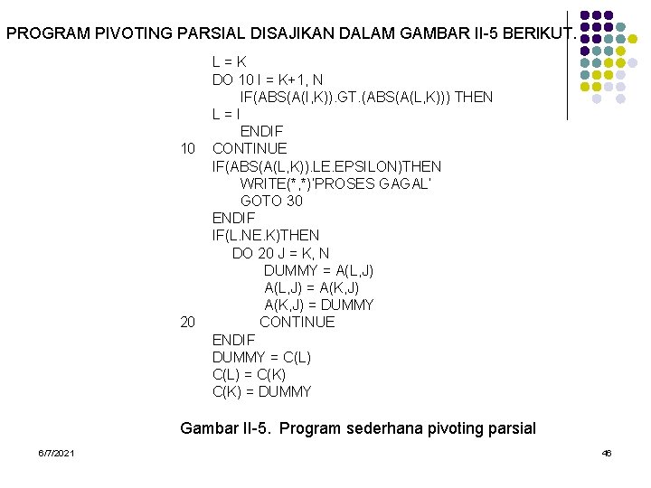 PROGRAM PIVOTING PARSIAL DISAJIKAN DALAM GAMBAR II-5 BERIKUT. 10 20 L=K DO 10 I