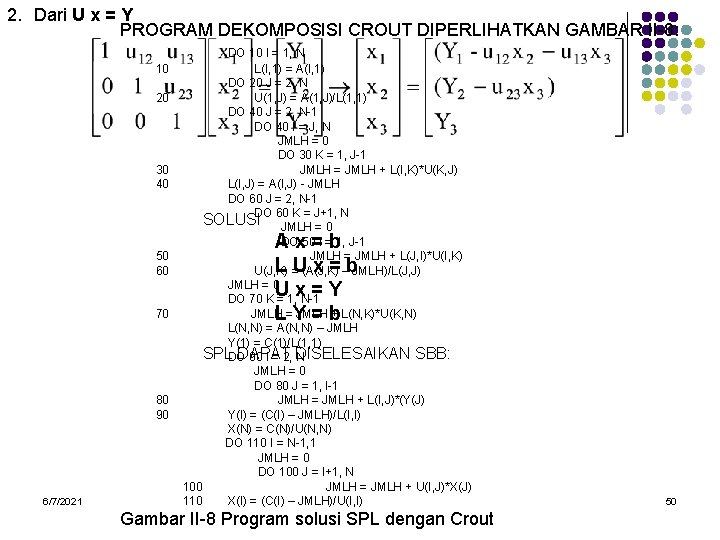 2. Dari U x = Y PROGRAM DEKOMPOSISI CROUT DIPERLIHATKAN GAMBAR II-8: 10 20