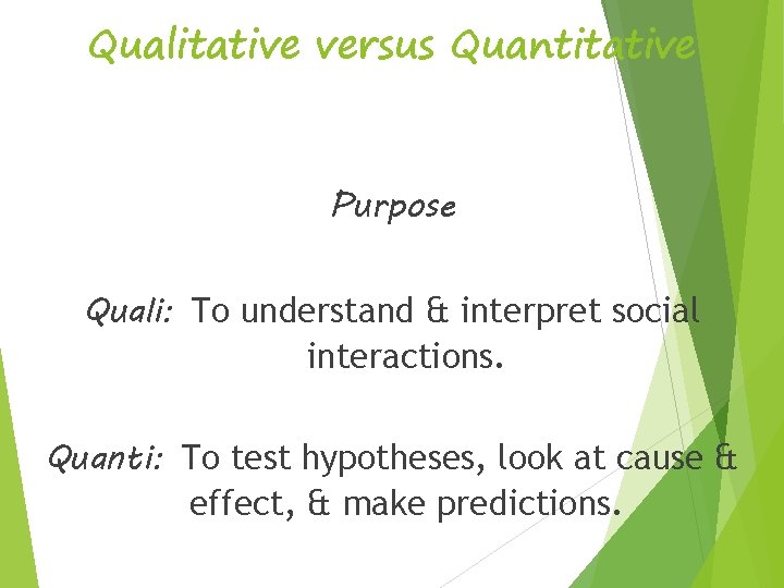 Qualitative versus Quantitative Purpose Quali: To understand & interpret social interactions. Quanti: To test