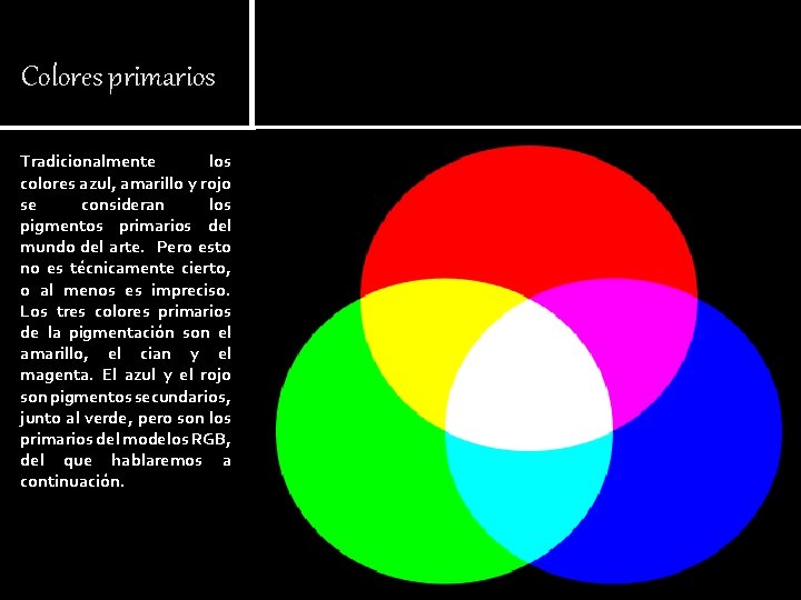 Colores primarios Tradicionalmente los colores azul, amarillo y rojo se consideran los pigmentos primarios