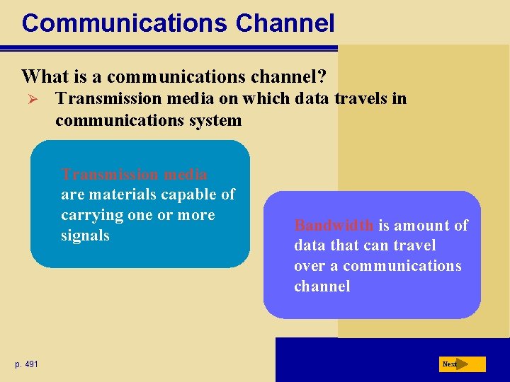 Communications Channel What is a communications channel? Ø Transmission media on which data travels