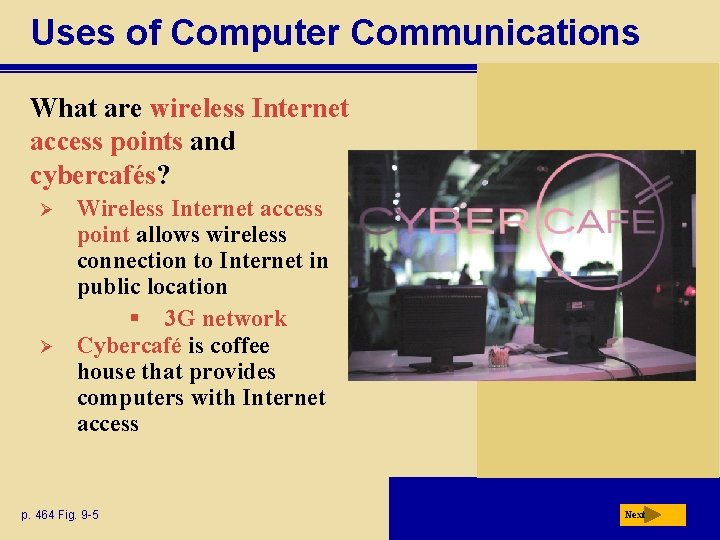 Uses of Computer Communications What are wireless Internet access points and cybercafés? Ø Ø