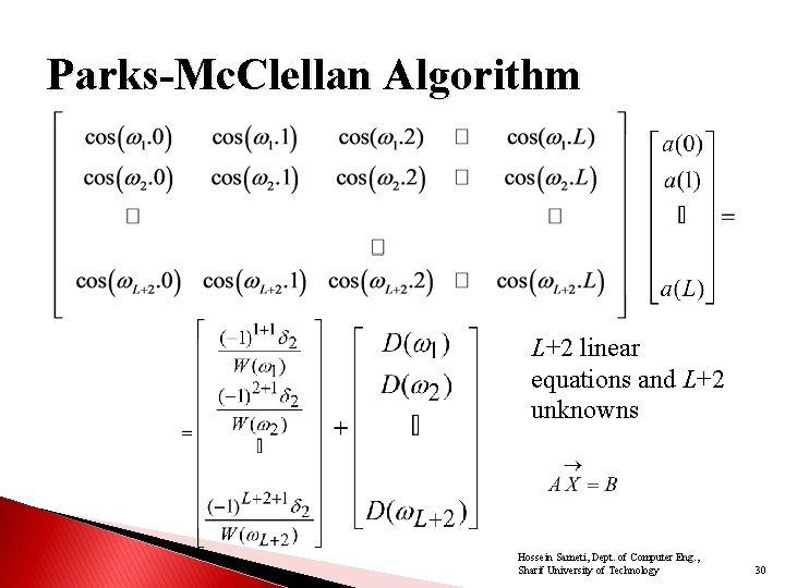 Parks-Mc. Clellan Algorithm L+2 linear equations and L+2 unknowns Hossein Sameti, Dept. of Computer Parks-Mc. Clellan Algorithm L+2 linear equations and L+2 unknowns Hossein Sameti, Dept. of Computer