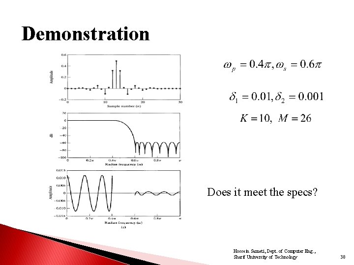 Demonstration Does it meet the specs? Hossein Sameti, Dept. of Computer Eng. , Sharif Demonstration Does it meet the specs? Hossein Sameti, Dept. of Computer Eng. , Sharif