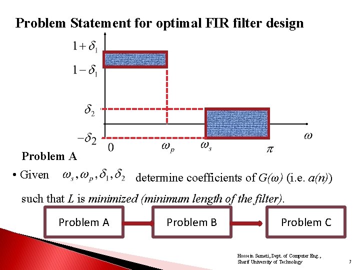 Problem Statement for optimal FIR filter design Problem A • Given determine coefficients of Problem Statement for optimal FIR filter design Problem A • Given determine coefficients of