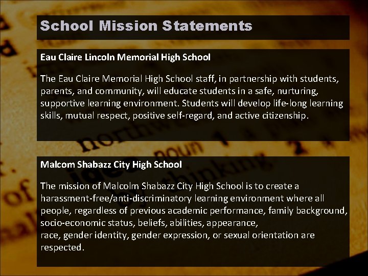 School Mission Statements Eau Claire Lincoln Memorial High School The Eau Claire Memorial High